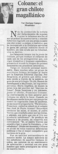 Coloane, el gran chilote magallánico  [artículo] Enrique Campos Menéndez