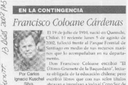 Francisco Coloane Cárdenas  [artículo] Carlos Ignacio Kuschel Silva