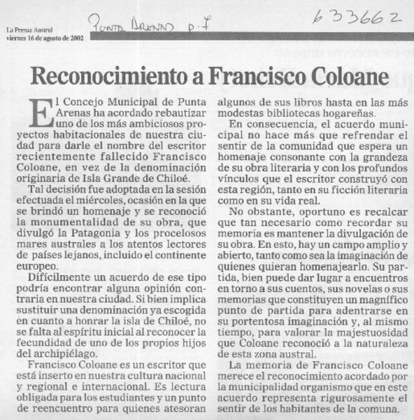 Reconocimiento a Francisco Coloane  [artículo]
