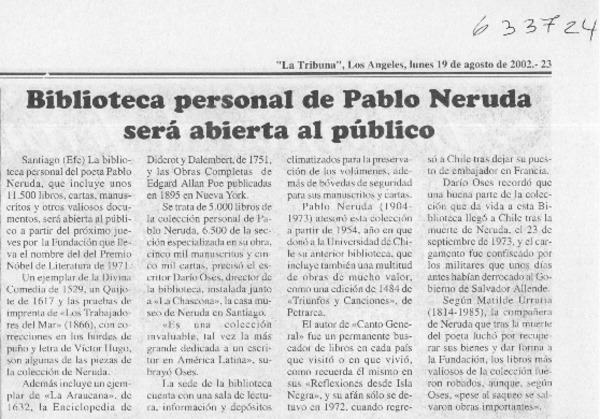 Biblioteca personal de Pablo Neruda será abierta al público  [artículo]
