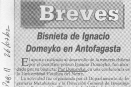 Bisnieta de Ignacio Domeyko en Antofagasta  [artículo]