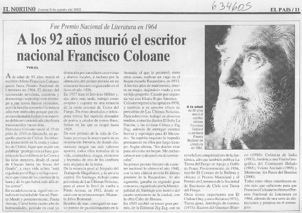 A los 92 años murió el escritor nacional Francisco Coloane  [artículo]