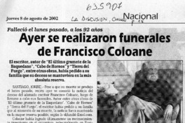 Ayer se realizaron funerales de Francisco Coloane  [artículo]