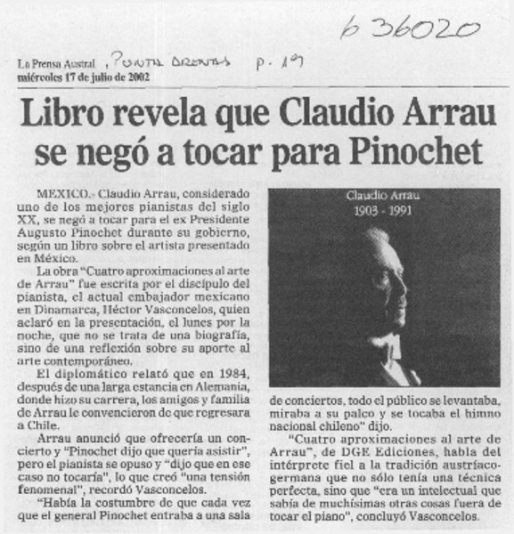 Libro revela que Claudio Arrau se negó a tocar para Pinochet  [artículo] Marisol Retamal