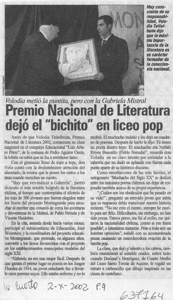 Premio Nacional de Literatura dejó el "bichito" en liceo pop  [artículo]