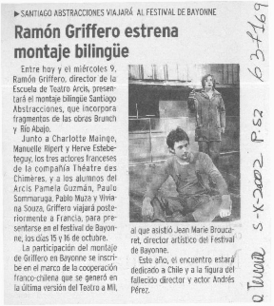 Ramón Griffero estrena montaje bilingüe  [artículo]