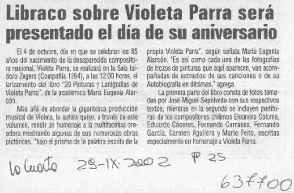 Libraco sobre Violeta Parra será presentado el día de su aniversario  [artículo]