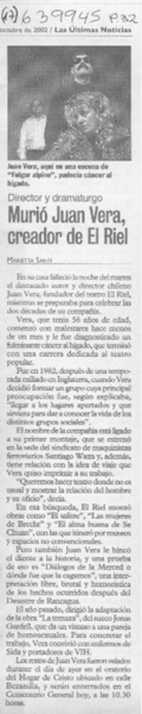 Murió Juan Vera, creador de El Riel  [artículo] Marietta Santí