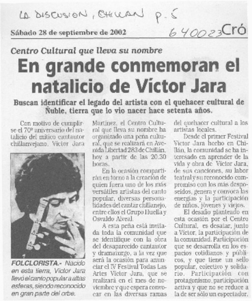 En grande conmemoran el natalicio de Víctor Jara  [artículo]