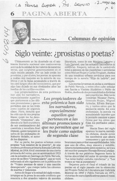 Siglo veinte, ¿prosistas o poetas?  [artículo] Marino Muñoz Lagos