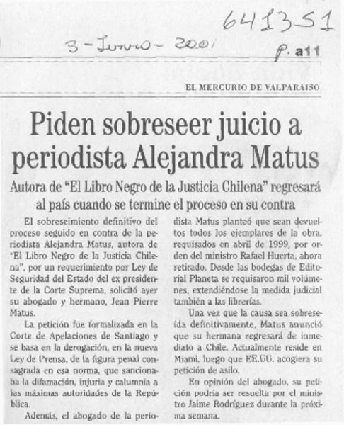 Piden sobreseer juicio a periodista Alejandra Matus  [artículo]