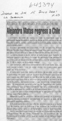 Alejandra Matus regresó a Chile  [artículo]