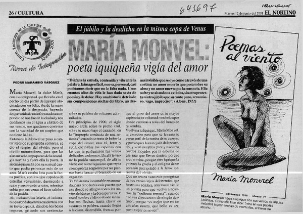 María Monvel, poeta iquiqueña vigía del amor  [artículo] Pedro Marambio Vásquez
