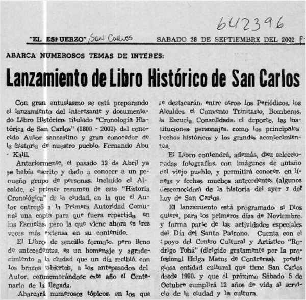 Lanzamiento de libro histórico de San Carlos  [artículo]