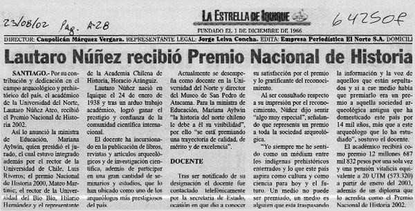 Lautaro Núñez recibió Premio Nacional de Historia  [artículo]
