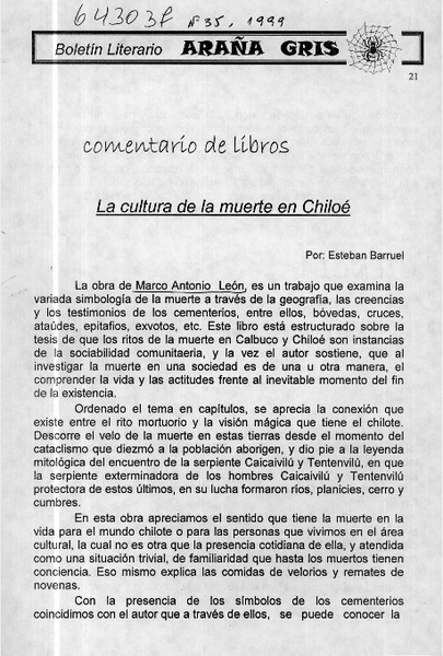 La cultura de la muerte en Chiloé  [artículo] Esteban Barruel