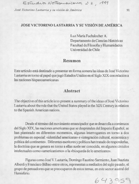 José Victorino Lastarria y su visión de América  [artículo] Luz María Fuchslocher A.