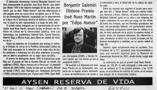 Benjamín Galemiri obtiene Premio José Nuez Martín por "Edipo asesor"  [artículo]