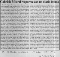 Gabriela Mistral reaparece con un diario íntimo  [artículo]