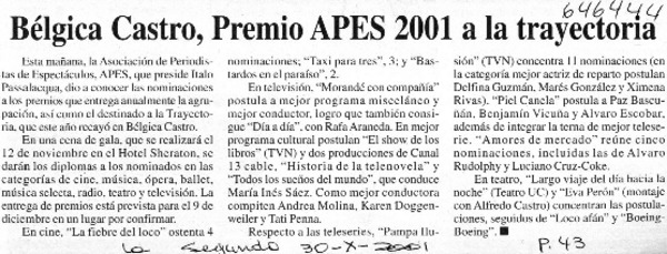 Bélgica Castro, Premio Apes 2001 a la trayectoria  [artículo]