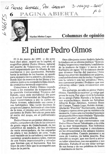 El pintor Pedro Olmos  [artículo] Marino Muñoz Lagos