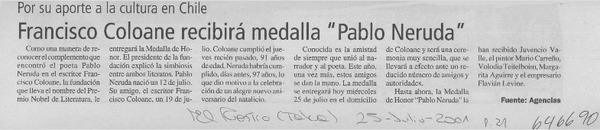Francisco Coloane recibirá medalla "Pablo Neruda"  [artículo]