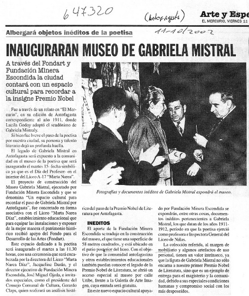 Inaugurarán museo de Gabriela Mistral  [artículo]