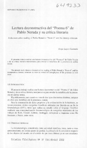 Lectura deconstructiva del "Poema 6" de Pablo Neruda y su crítica literaria  [artículo] Jorge Lagos Caamaño