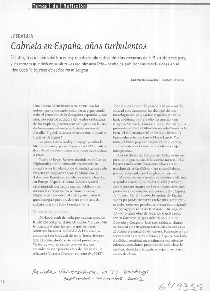 Gabriela en España, años turbulentos  [artículo] Luis Vargas Saavedra