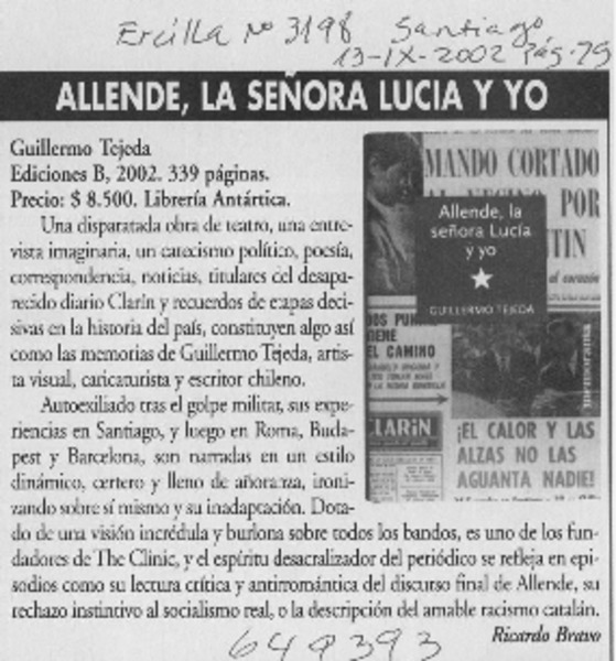 Allende, la señora Lucía y yo  [artículo] Ricardo Bravo