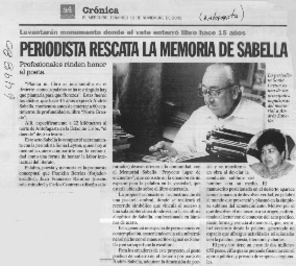 Periodista rescata la memoria de Sabella  [artículo]