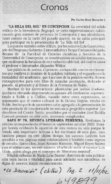 "La silla del sol" en Concepción  [artículo] Carlos René Ibacache I.