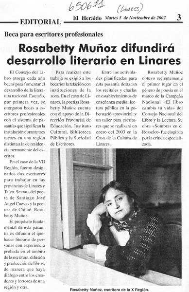 Rosabetty Muñoz difundirá desarrollo literario en Linares  [artículo]