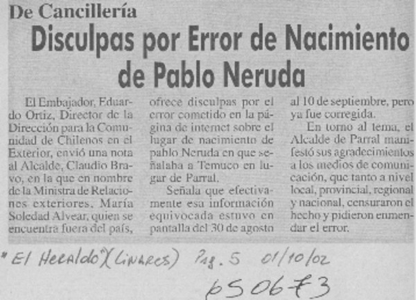 Disculpas por error de nacimiento de Pablo Neruda  [artículo]