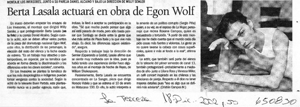 Berta Lasala actuará en obra de Egon Wolff  [artículo] Cristian Campos M.
