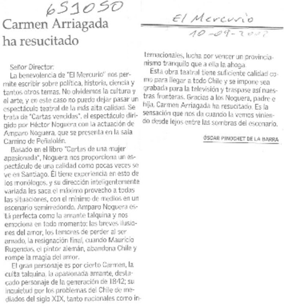 Carmen Arriagada ha resucitado  [artículo] Oscar Pinochet de la Barra