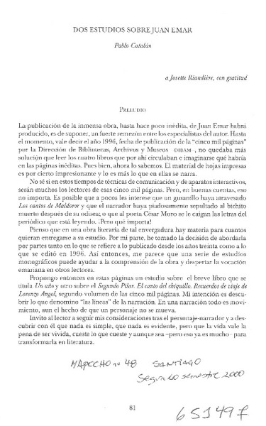 Dos estudios sobre Juan Emar  [artículo] Pablo Catalán