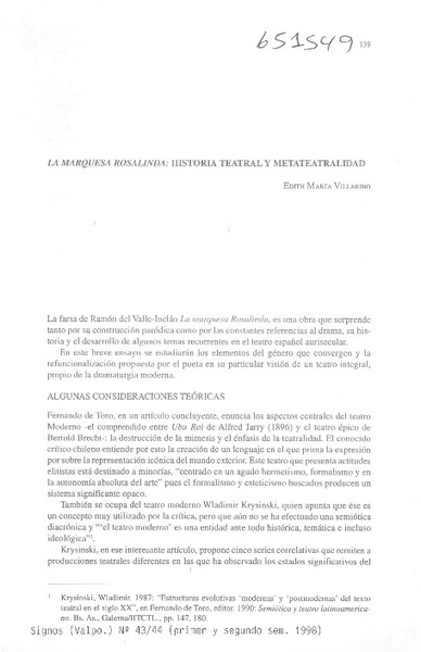 La marquesa Rosalinda, historia teatral y metateatralidad  [artículo] Edith Marta Villarino