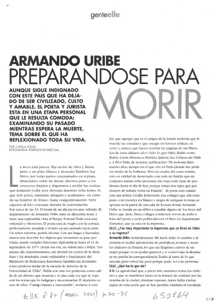 Armando Uribe preparándose para morir  [artículo] Carola Solari