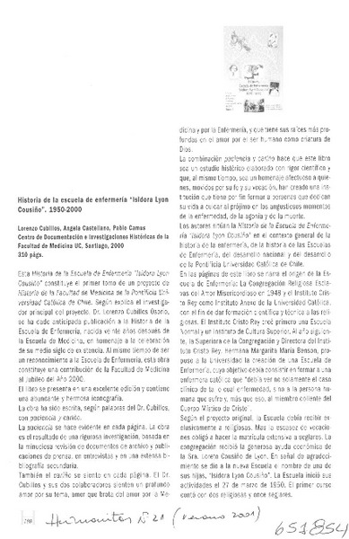 Historia Escuela de Enfermería "Isidora Lyon Cousiño", 1950-2000  [artículo] Ricardo Krebs