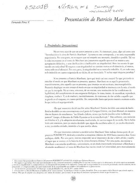 Presentación de Patricio Marchant  [artículo] Fernando Pérez V.