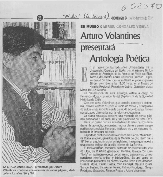 Arturo Volantines presentará Antología poética  [artículo]