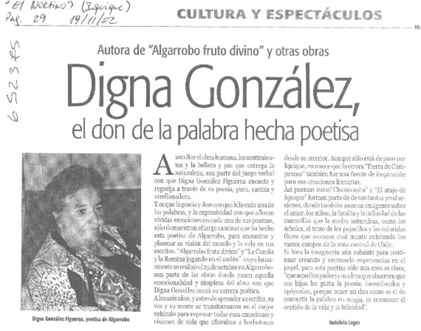 Digna González, el don de la palabra hecha poetisa  [artículo] Indalicia Lagos