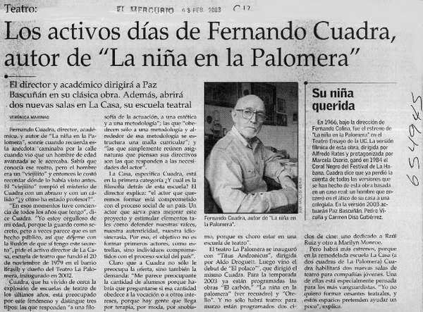 Los activos días de Fernando Cuadra, autor de "La niña en la palomera"  [artículo] Verónica Marinao