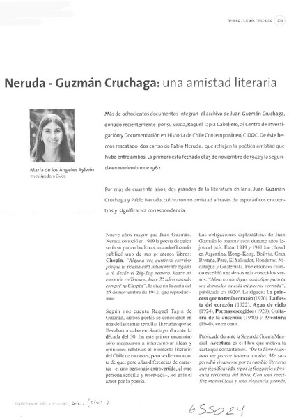 Neruda - Guzmán Cruchaga, una amistad literaria  [artículo] María de los Ángeles Aylwin