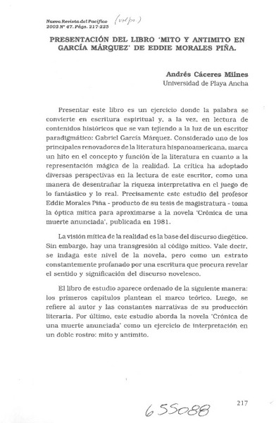 Presentación del libro "Mito y antimito en García Márquez" de Eddie Morales Piña  [artículo] Andrés Cáceres Milnes