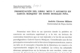 Presentación del libro "Mito y antimito en García Márquez" de Eddie Morales Piña  [artículo] Andrés Cáceres Milnes