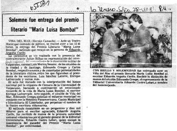 Solemne fue entrega del premio literario "María Luisa Bombal"  [artículo] Hernán Camacho.