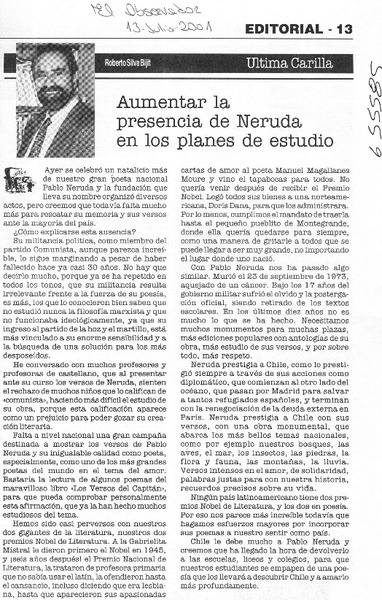 Aumentar la presencia de Neruda en los planes de estudio  [artículo] Roberto Silva Bijit.