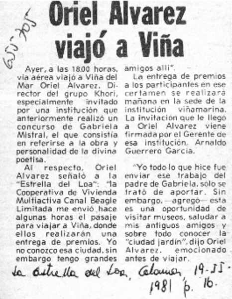 Oriel Alvarez viajó Viña.  [artículo]